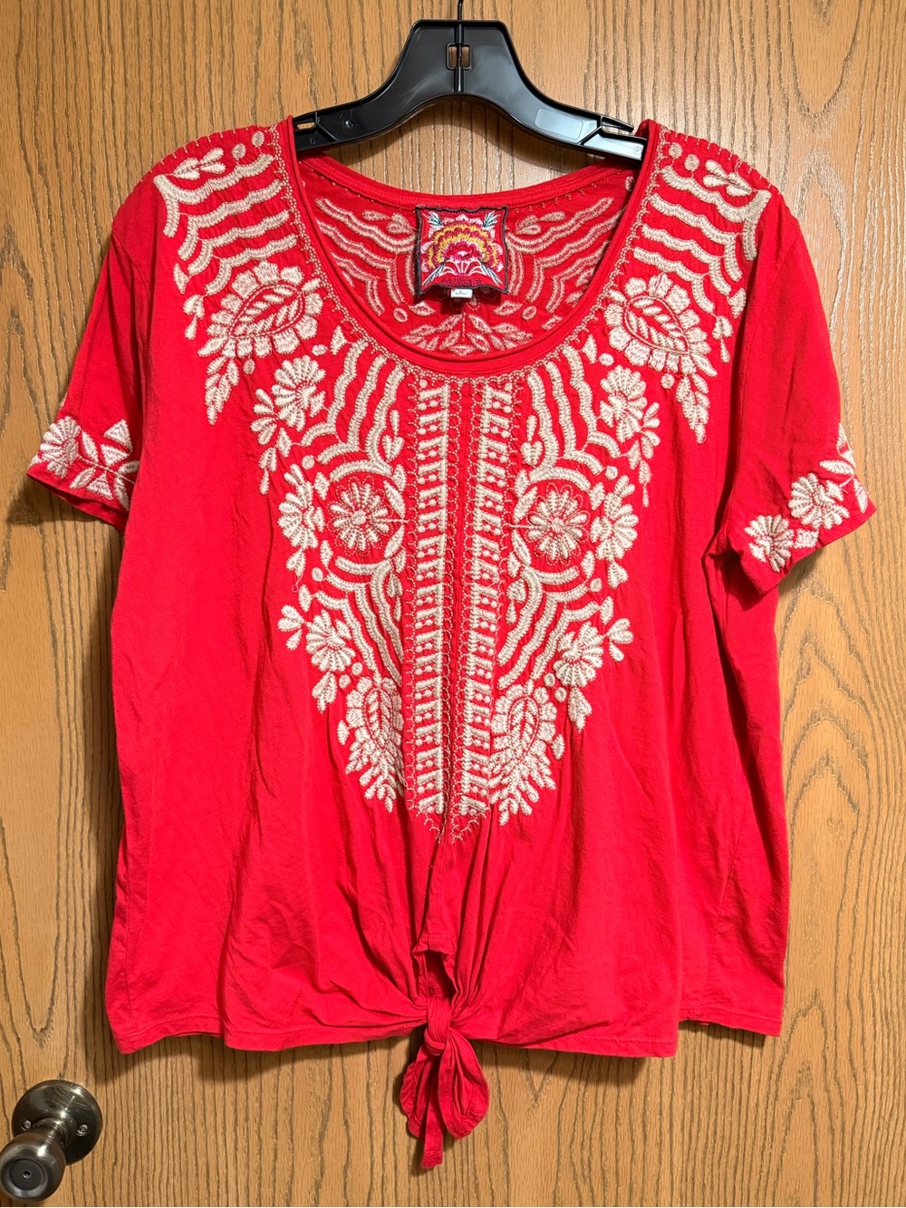 Johnny Was Red Short-Sleeve Embroidered Tie-Front Tee